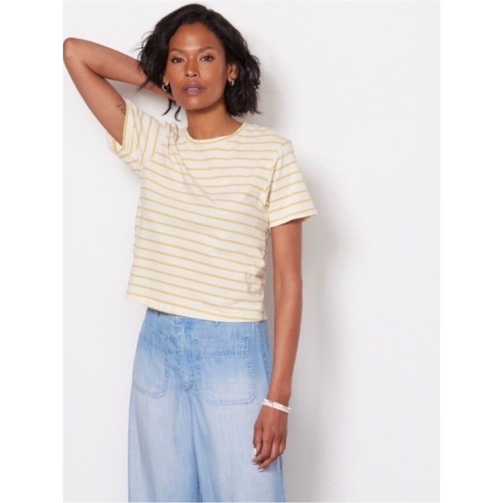AMO Striped Babe Tee in Canary Short Sleeve Cropped Yellow/White T-Shirt Small
